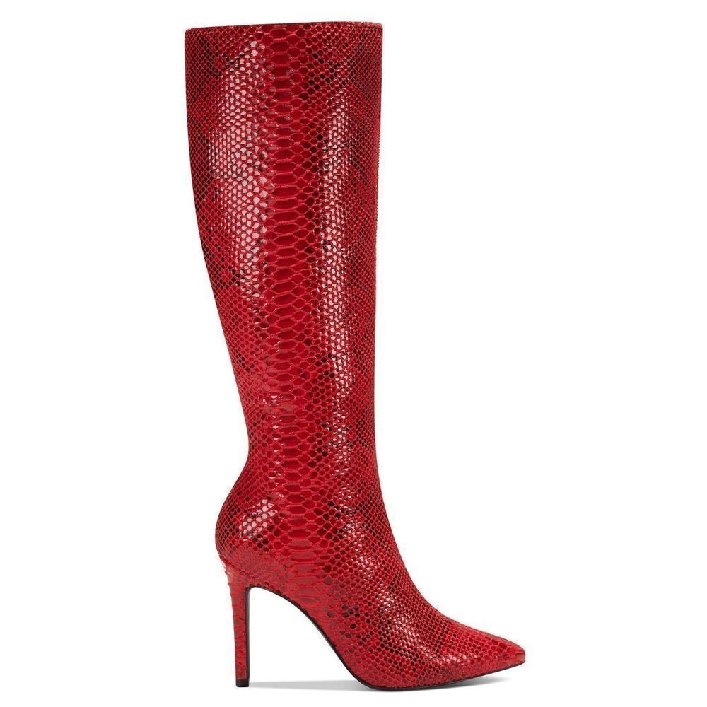 Red snake print knee high boots